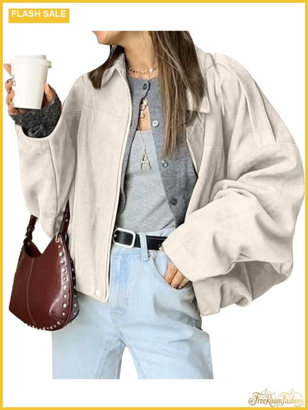Faux Suede Bomber Jacket Lightweight Zip Up Cropped Oversized Casual